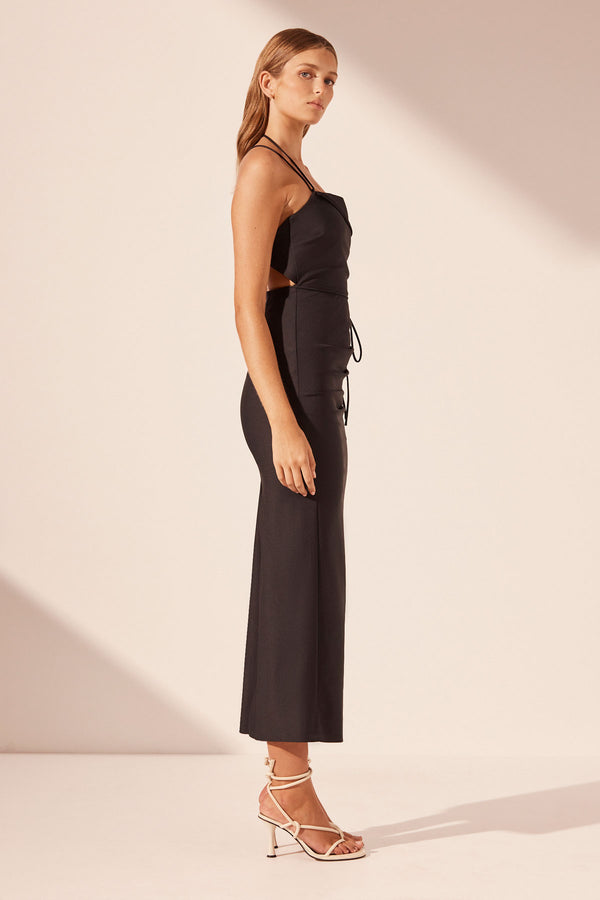 LANI DRAPED CROSS BACK MIDI DRESS - BLACK_S