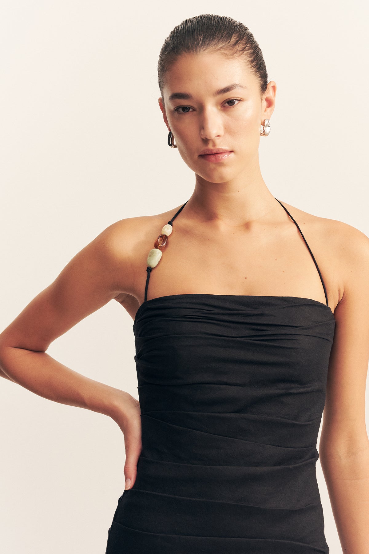 KASBAH DRAPED HALTER NECK MAXI DRESS - BLACK