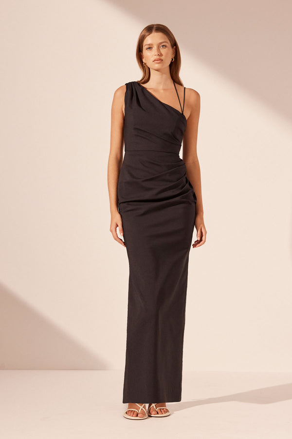 LANI ASYMMETRICAL GATHERED MAXI DRESS - BLACK_F