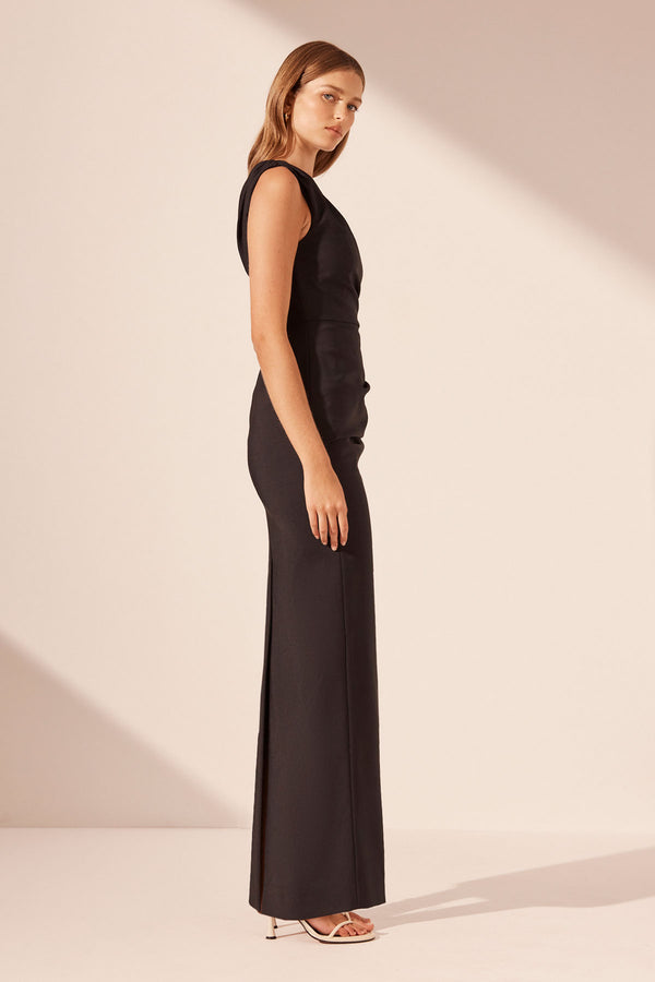 LANI ASYMMETRICAL GATHERED MAXI DRESS - BLACK_S