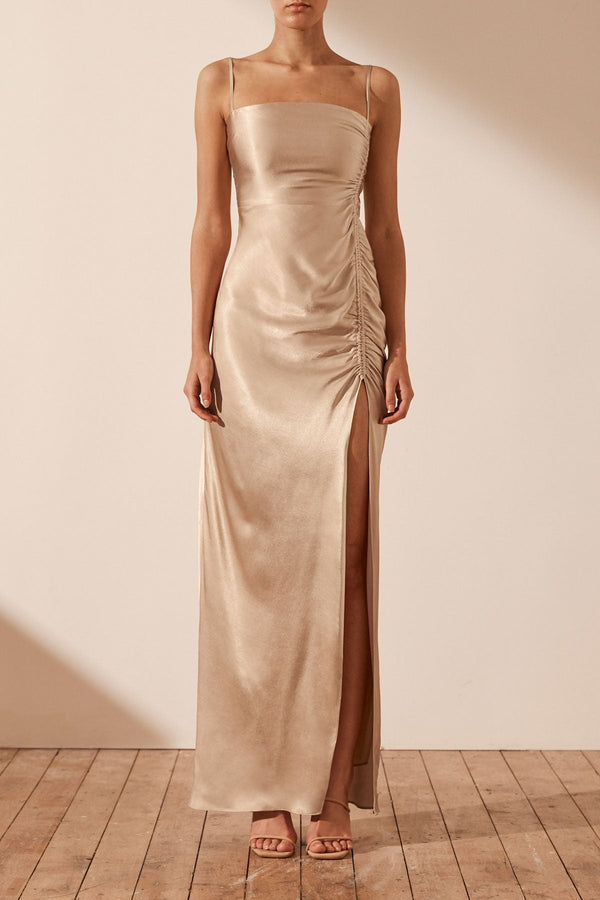 LA LUNE RUCHED MAXI DRESS - GOLD_F
