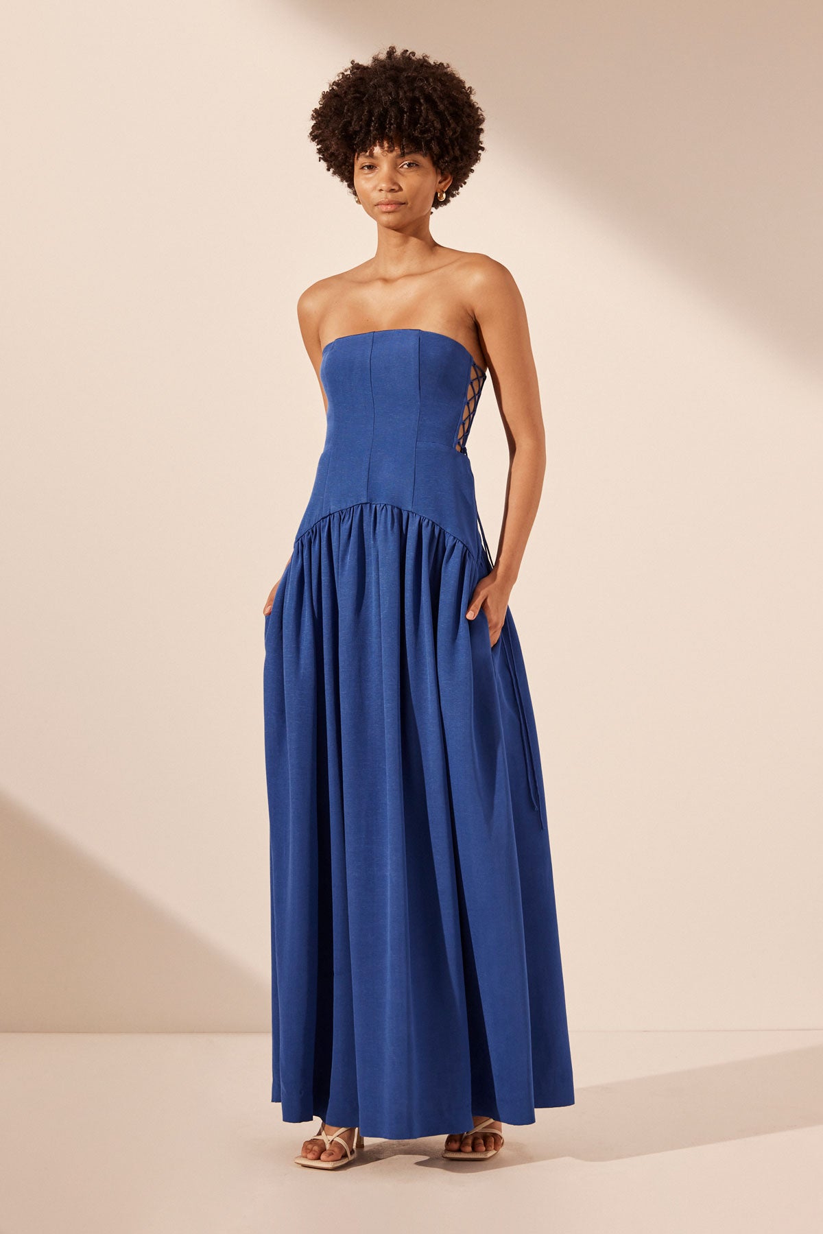 Vento Lace Up Strapless Maxi Dress | Cobalt | Dresses | Shona Joy