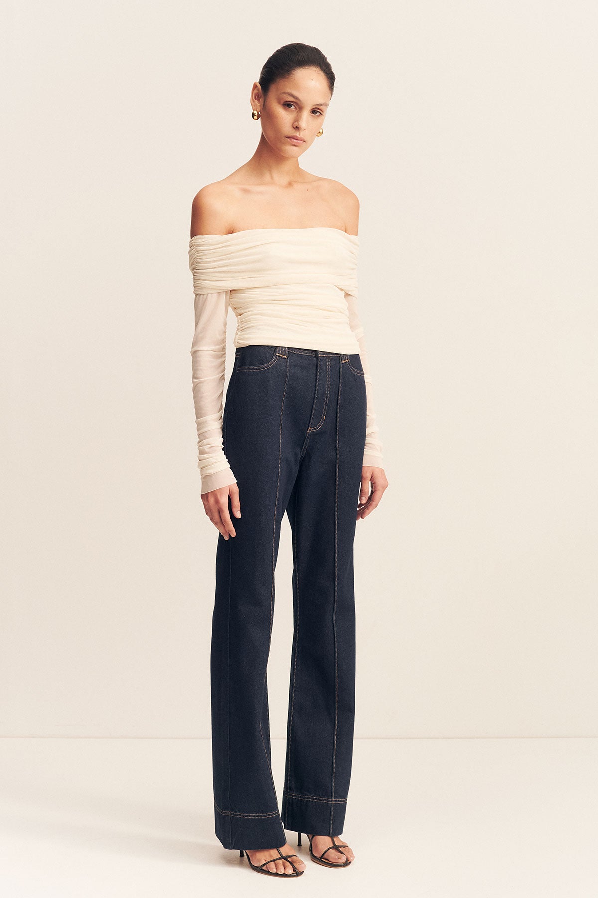 【人気完売商品】M.Y.O.B❤️DENIM OFF SHOULDER TOPS Mira Long Sleeve Off Shoulder Top | Ivory | Tops | Shona Joy