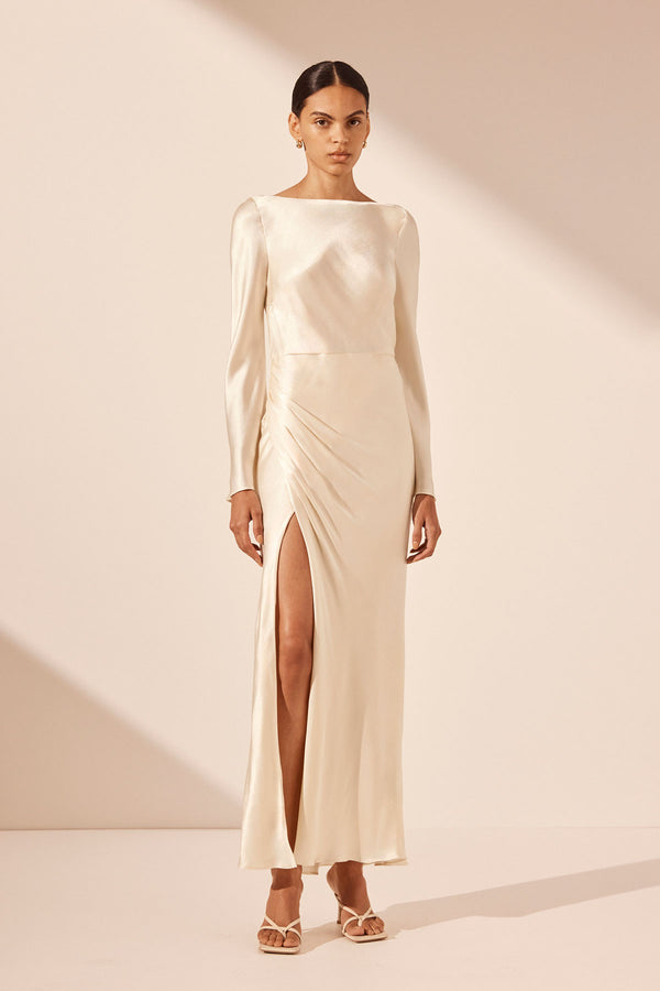 LA LUNE FLARED SLEEVE SIDE SPLIT MIDI DRESS - CREAM_F