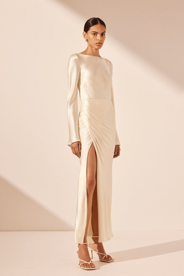 LA LUNE FLARED SLEEVE SIDE SPLIT MIDI DRESS - CREAM_A