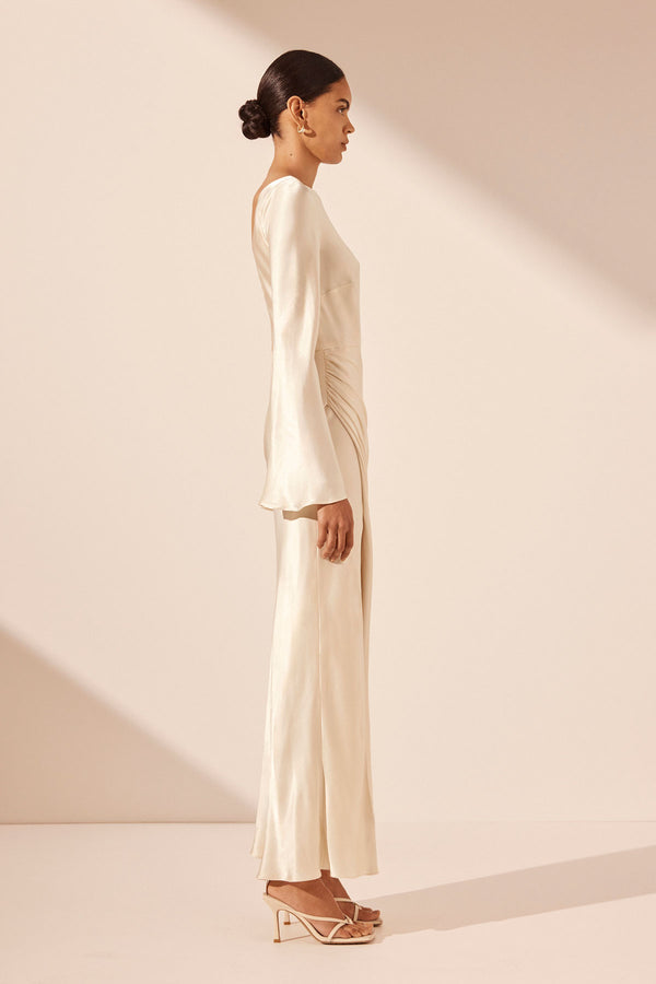 LA LUNE FLARED SLEEVE SIDE SPLIT MIDI DRESS - CREAM_S