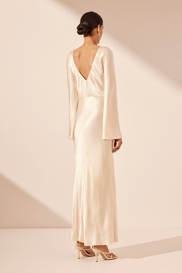 LA LUNE FLARED SLEEVE SIDE SPLIT MIDI DRESS - CREAM_B