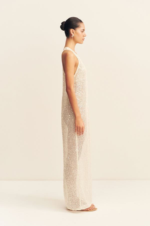 MIRELLE SHEER SEQUIN RACER BACK MAXI DRESS - OPAL