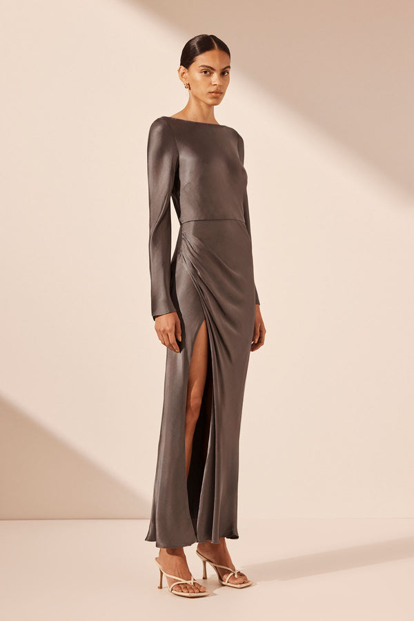 LA LUNE FLARED SLEEVE SIDE SPLIT MIDI DRESS - GRAPHITE_A