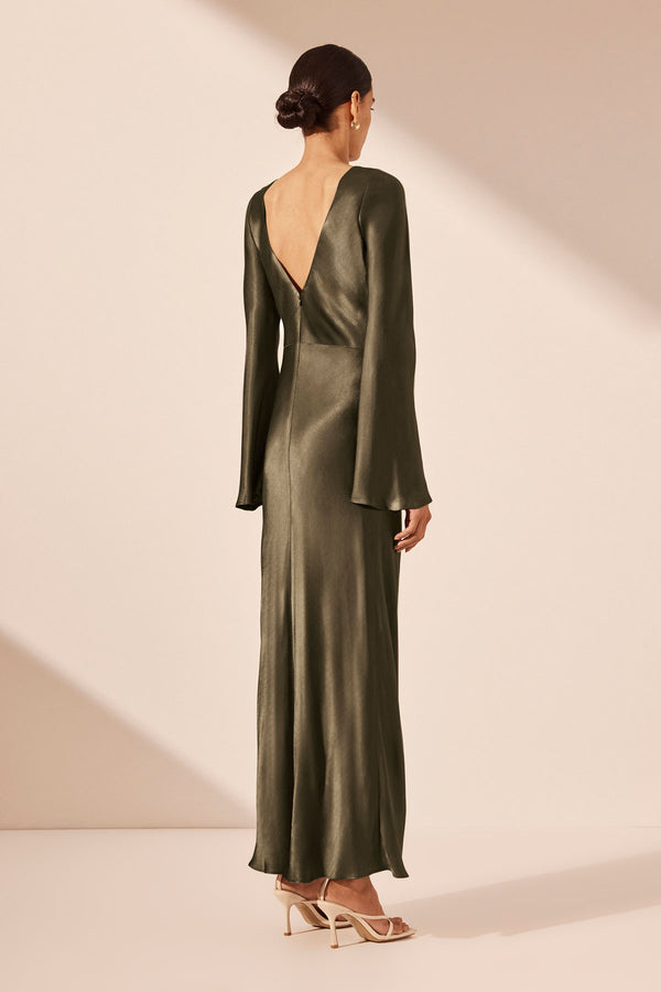 LA LUNE FLARED SLEEVE SIDE SPLIT MIDI DRESS - FOREST_B