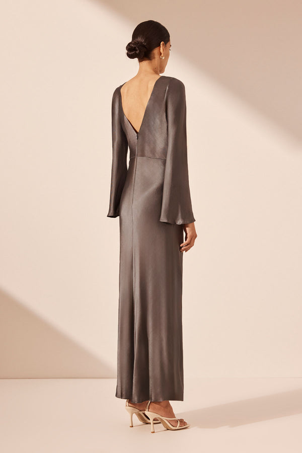 LA LUNE FLARED SLEEVE SIDE SPLIT MIDI DRESS - GRAPHITE_B