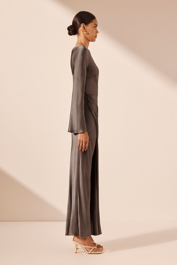 LA LUNE FLARED SLEEVE SIDE SPLIT MIDI DRESS - GRAPHITE_S