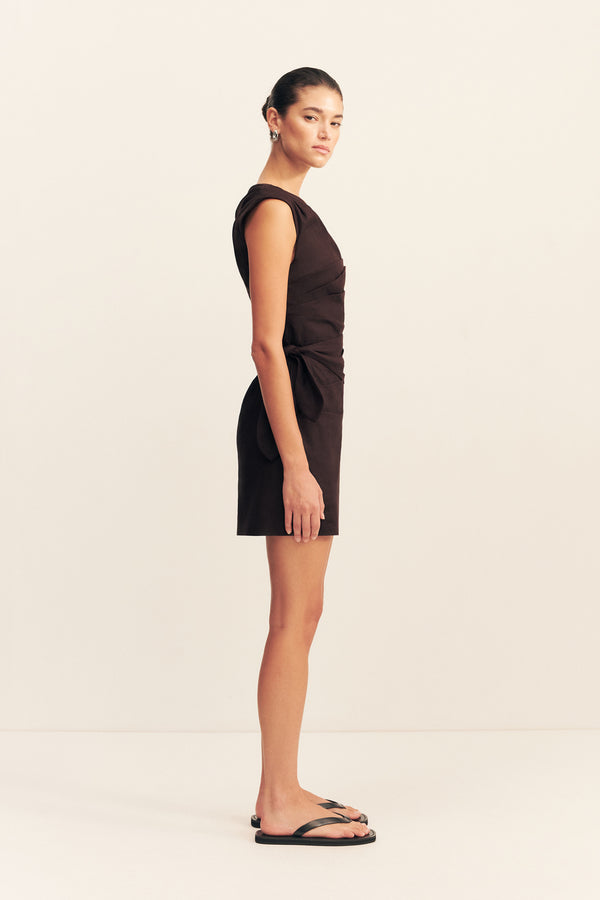 BROOKS ASYMMETRICAL TIE MINI DRESS - GANACHE