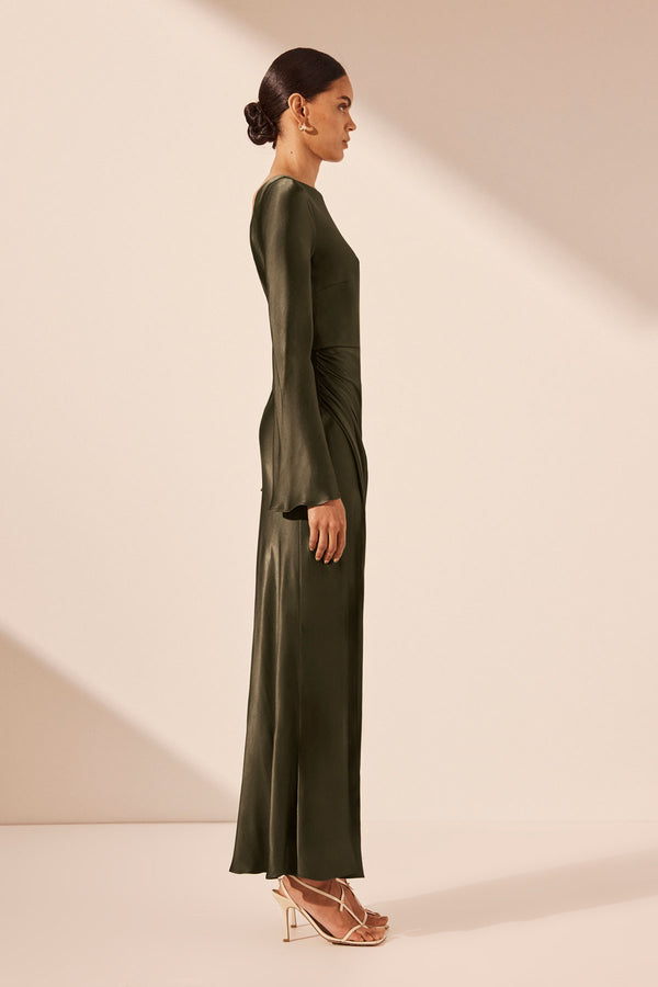 LA LUNE FLARED SLEEVE SIDE SPLIT MIDI DRESS - FOREST_S