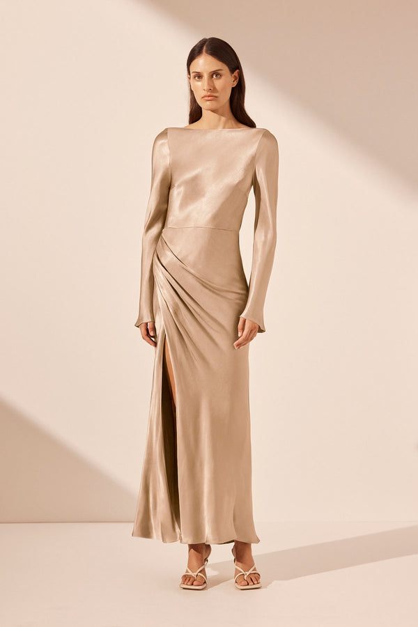 LA LUNE FLARED SLEEVE SIDE SPLIT MIDI DRESS - GOLD_F