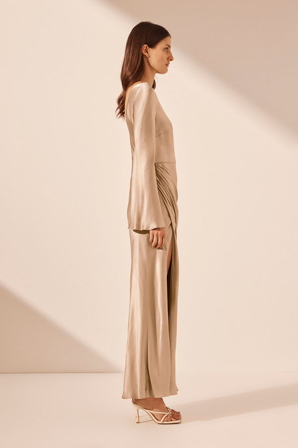 LA LUNE FLARED SLEEVE SIDE SPLIT MIDI DRESS - GOLD_S
