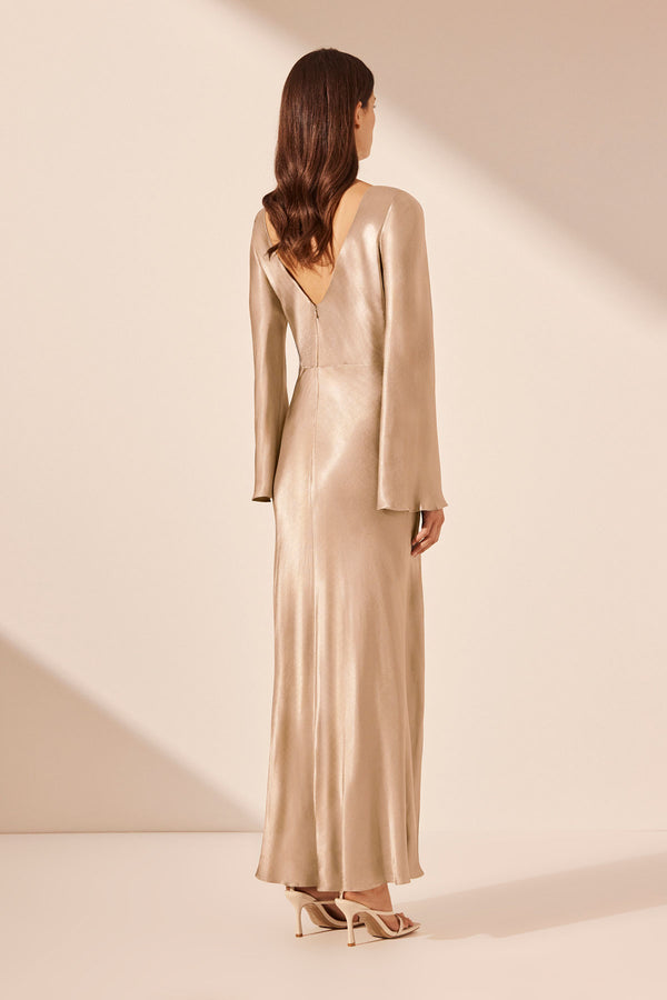 LA LUNE FLARED SLEEVE SIDE SPLIT MIDI DRESS - GOLD_B