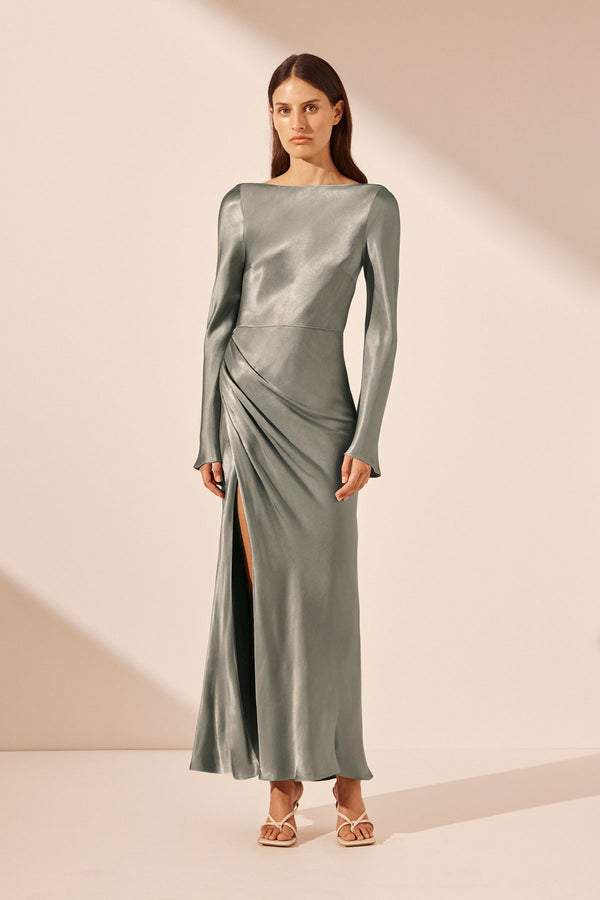 LA LUNE FLARED SLEEVE SIDE SPLIT MIDI DRESS - SAGE_F