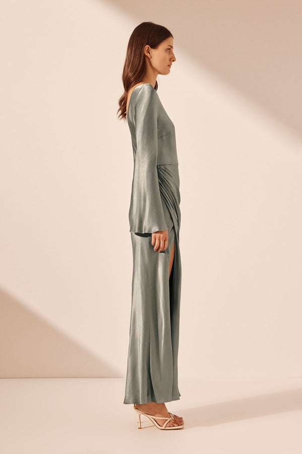 LA LUNE FLARED SLEEVE SIDE SPLIT MIDI DRESS - SAGE_S