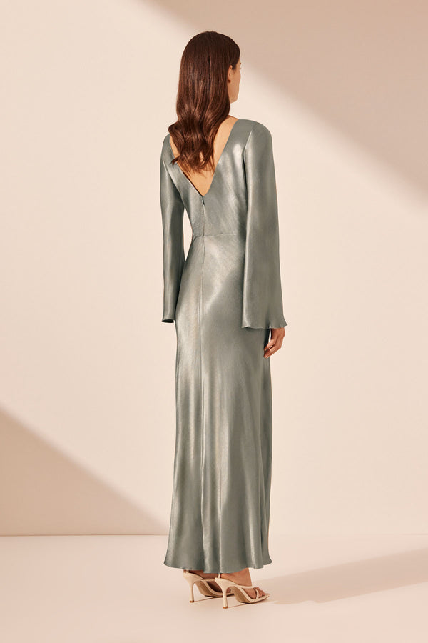 LA LUNE FLARED SLEEVE SIDE SPLIT MIDI DRESS - SAGE_B