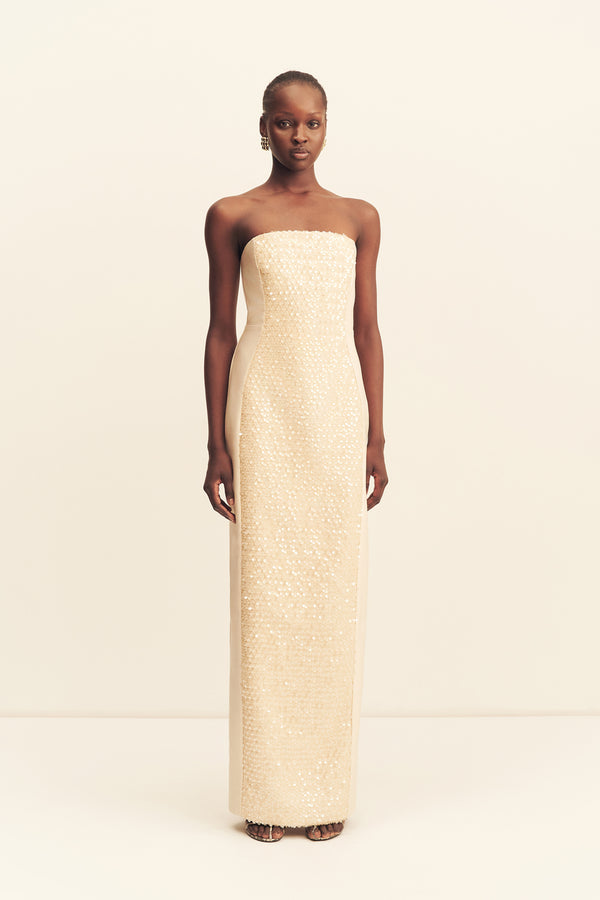 ELUNA PANELLED SEQUIN MAXI DRESS - MACADAMIA_F