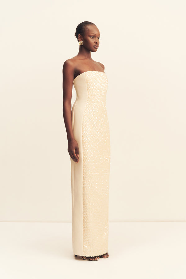 ELUNA PANELLED SEQUIN MAXI DRESS - MACADAMIA