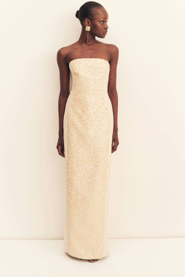 ELUNA PANELLED SEQUIN MAXI DRESS - MACADAMIA