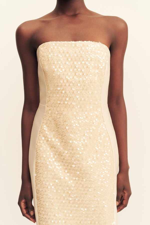 ELUNA PANELLED SEQUIN MAXI DRESS - MACADAMIA