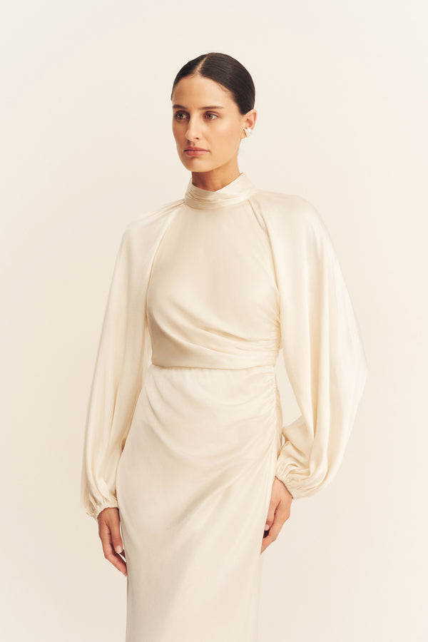 LA LUNE HIGH NECK BALLOON SLEEVE MAXI DRESS - CREAM