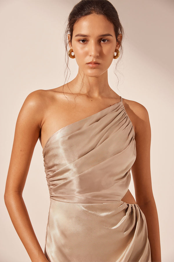 LA LUNE ASYMMETRICAL GATHERED MAXI DRESS - GOLD_D