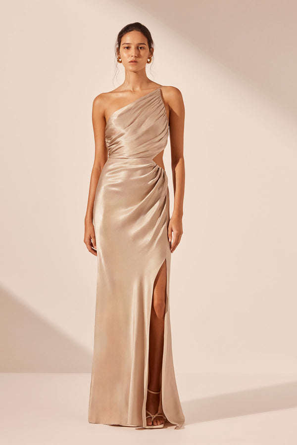 LA LUNE ASYMMETRICAL GATHERED MAXI DRESS - GOLD_F