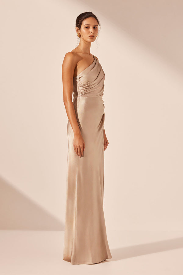 LA LUNE ASYMMETRICAL GATHERED MAXI DRESS - GOLD_A
