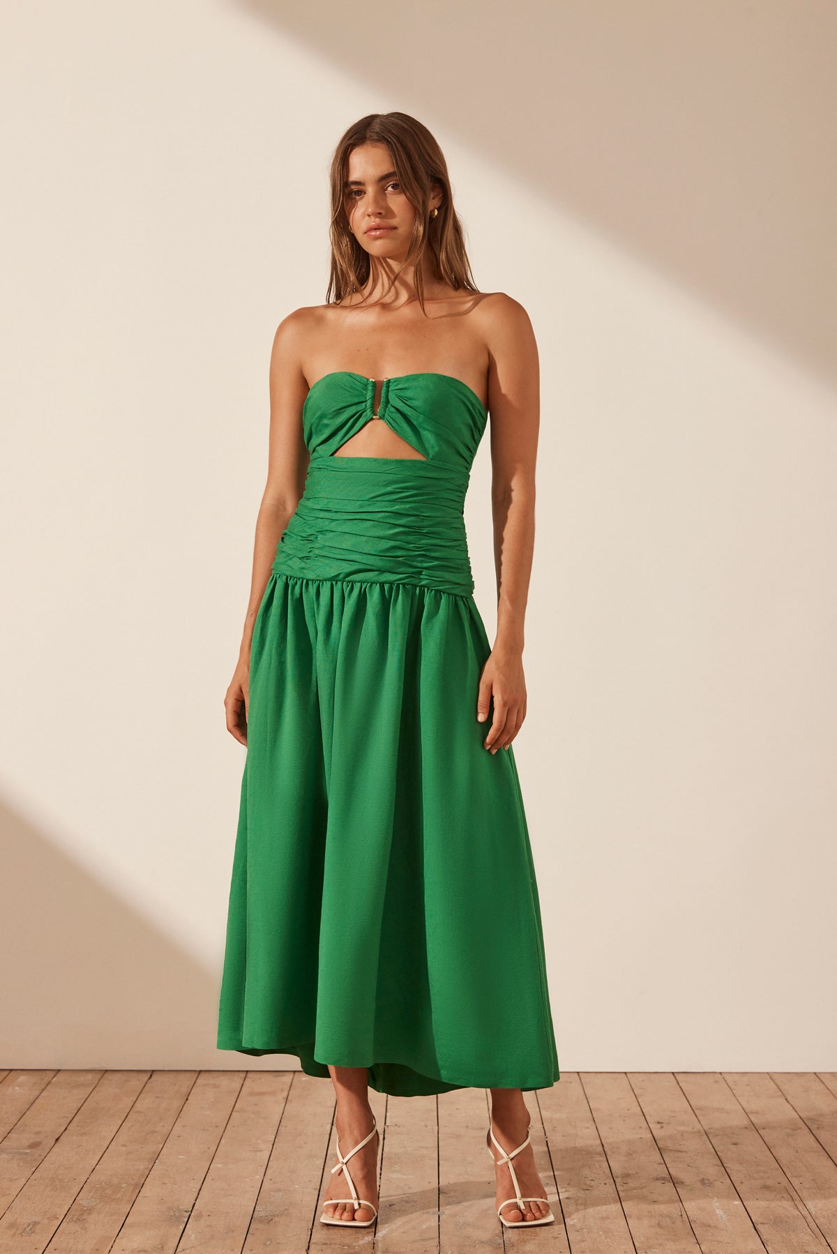 Mare Linen Strapless Cut Out Midi Dress | Tree Green | Dresses | Shona Joy
