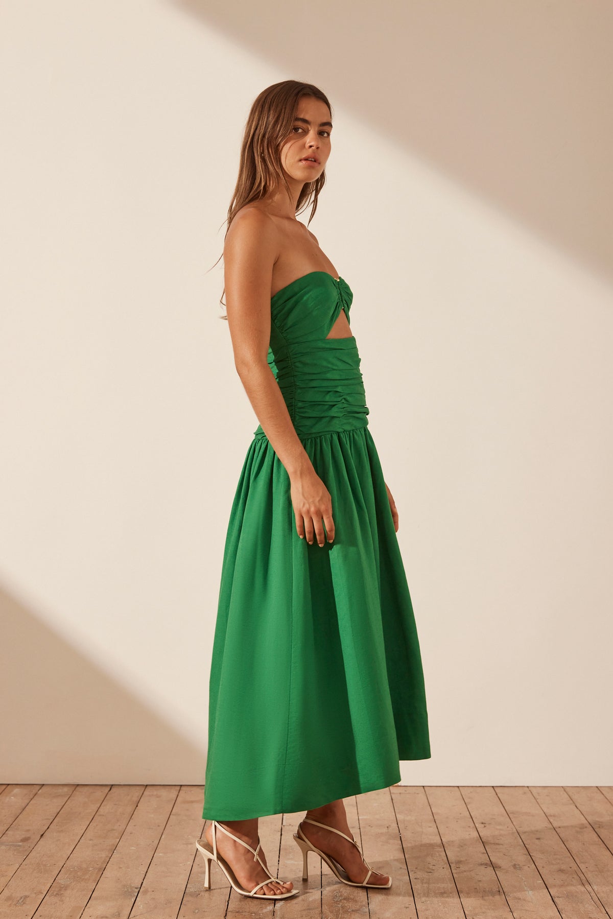 Mare Linen Strapless Cut Out Midi Dress, Tree Green