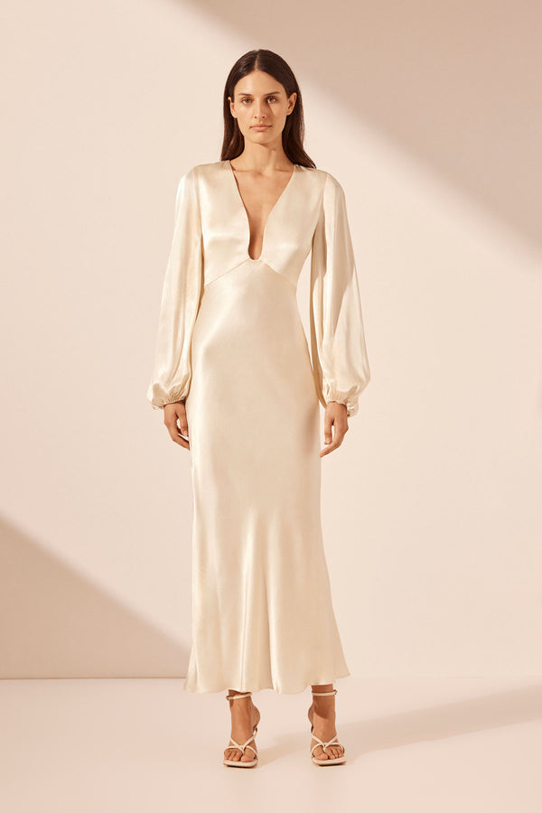 LA LUNE PLUNGED NECK BALLOON SLEEVE MIDI DRESS - CREAM_F