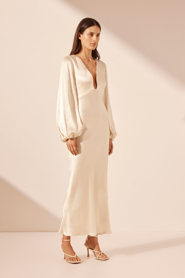 LA LUNE PLUNGED NECK BALLOON SLEEVE MIDI DRESS - CREAM_A