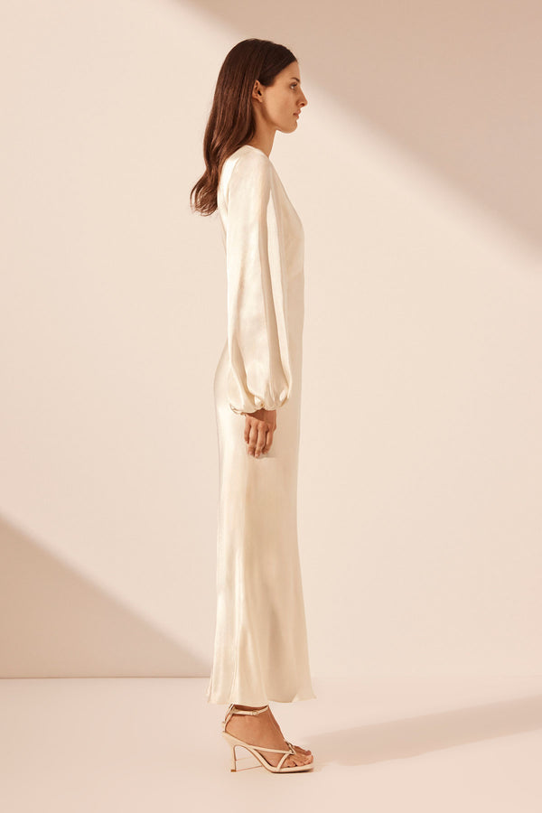 LA LUNE PLUNGED NECK BALLOON SLEEVE MIDI DRESS - CREAM_S