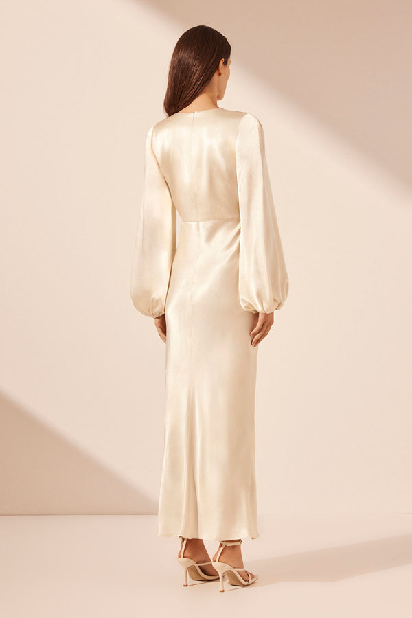 LA LUNE PLUNGED NECK BALLOON SLEEVE MIDI DRESS - CREAM_B