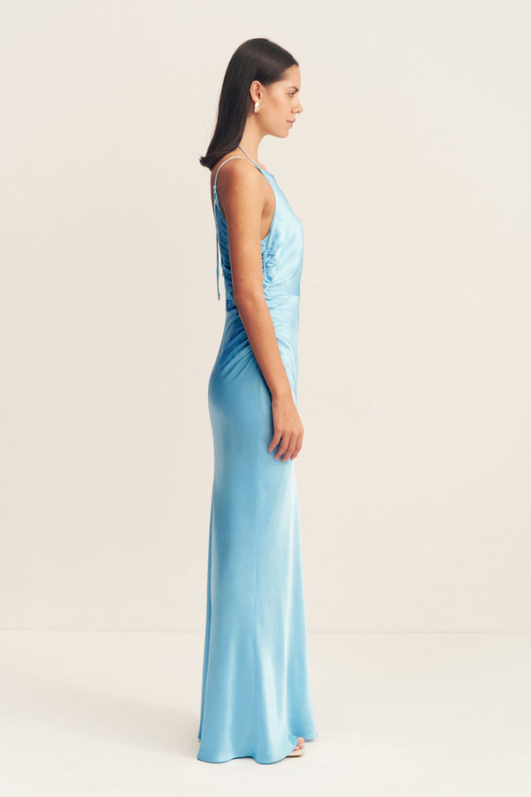LA LUNE HIGH NECK RUCHED MAXI DRESS - ICEBERG BLUE_S