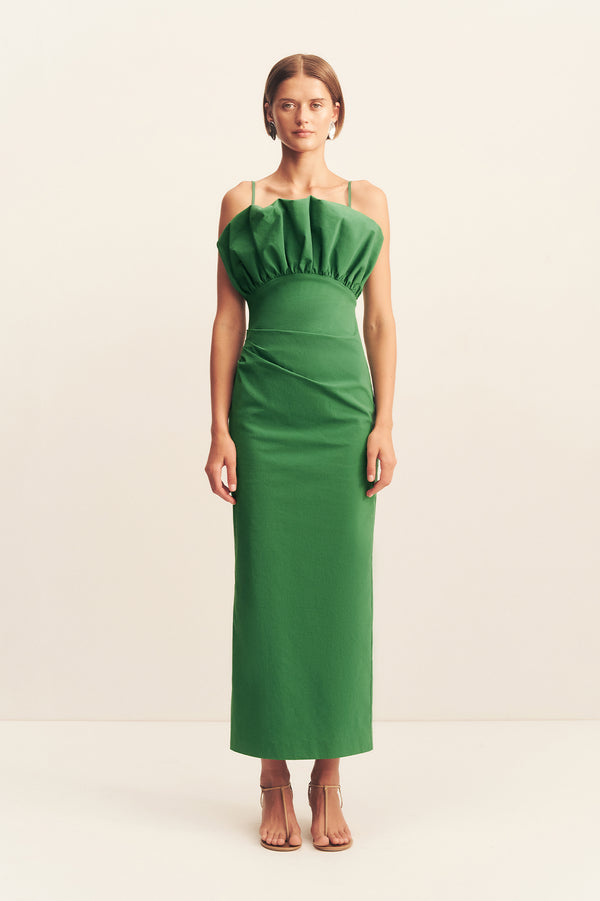 CAMPBELL BUBBLE BODICE MIDI DRESS - ABUNDANT GREEN_F