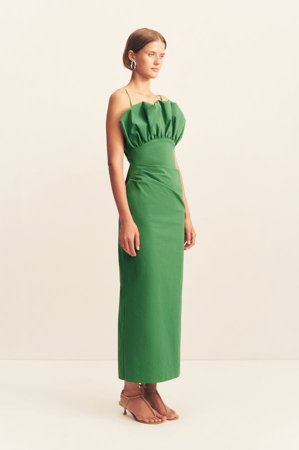 CAMPBELL BUBBLE BODICE MIDI DRESS - ABUNDANT GREEN