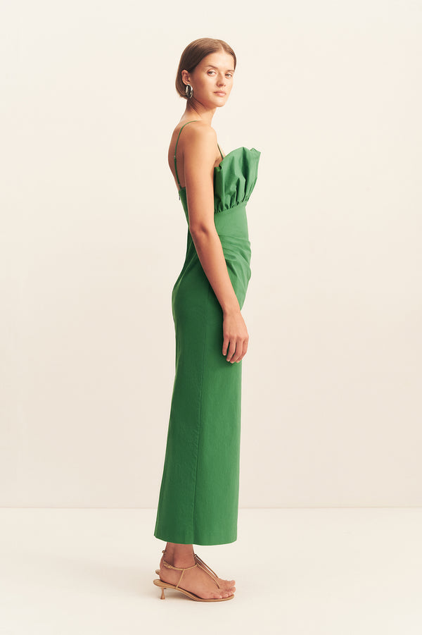 CAMPBELL BUBBLE BODICE MIDI DRESS - ABUNDANT GREEN