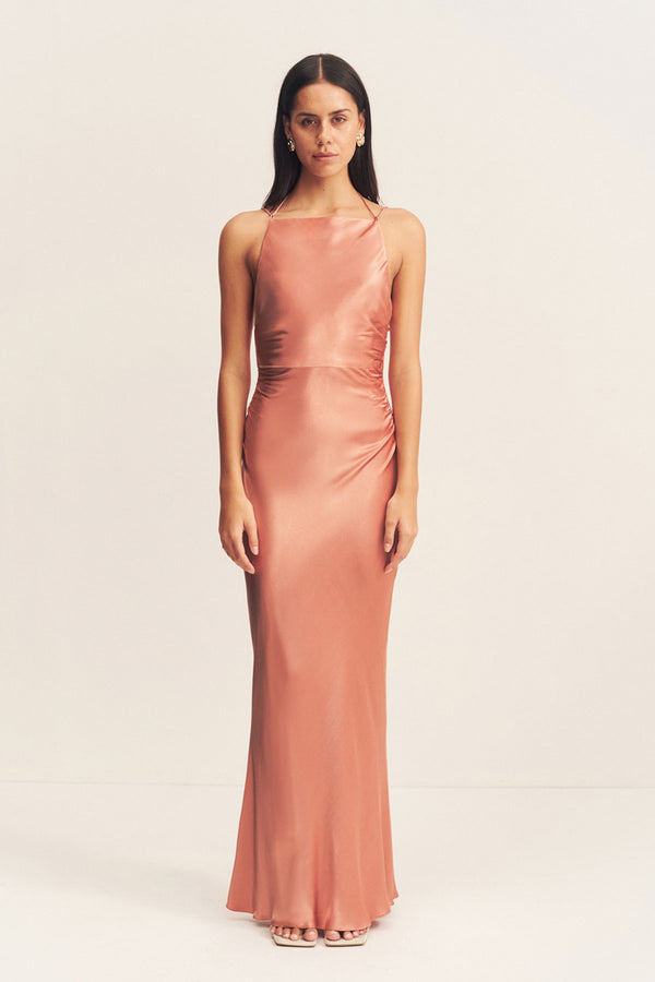 LA LUNE HIGH NECK RUCHED MAXI DRESS - ANTIQUE ROSE_F