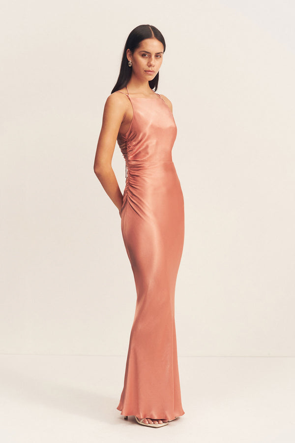 LA LUNE HIGH NECK RUCHED MAXI DRESS - ANTIQUE ROSE_A