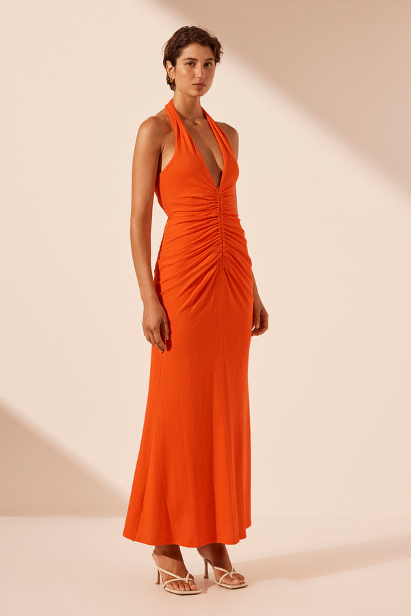 BEAU HALTER RUCHED MIDI DRESS - HIBISCUS_A