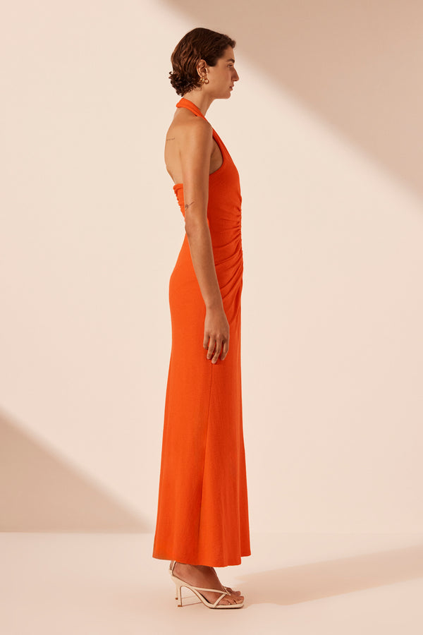 BEAU HALTER RUCHED MIDI DRESS - HIBISCUS_S