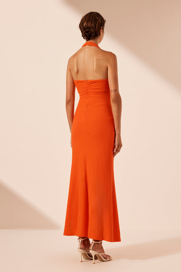 BEAU HALTER RUCHED MIDI DRESS - HIBISCUS_B