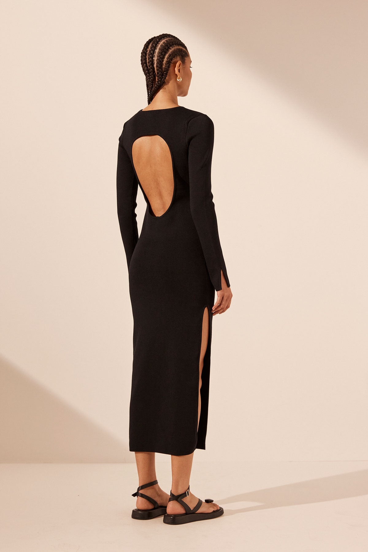 Basic Long Sleeve Open Back Midi Dress | Black | Dresses | Shona Joy