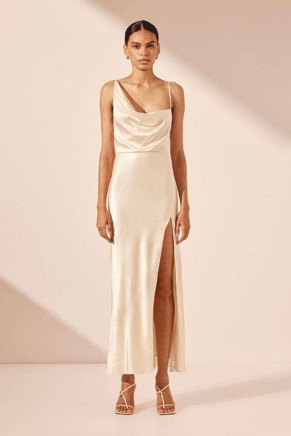 LA LUNE DRAPED SIDE SPLIT MIDI DRESS - CREAM_F