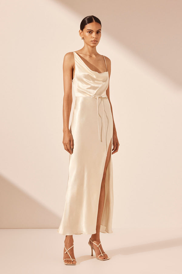 LA LUNE DRAPED SIDE SPLIT MIDI DRESS - CREAM_A